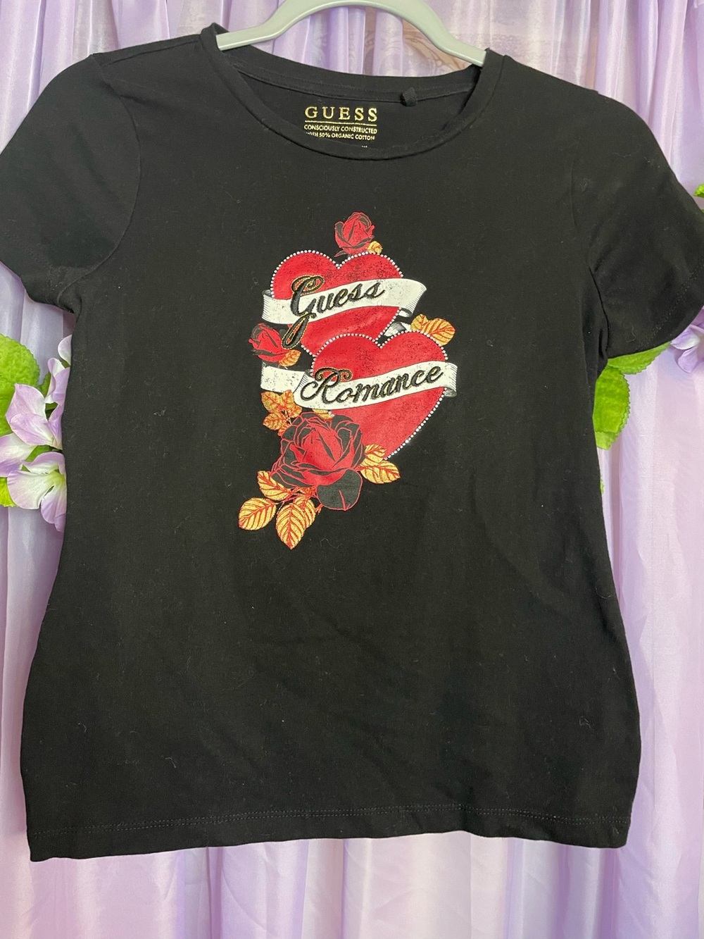 GUESS Black Short-Sleeve Tee with Red Heart & Rose Graphic